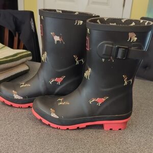 Joules Black Rain Boots with Dog Print and Red Soles
